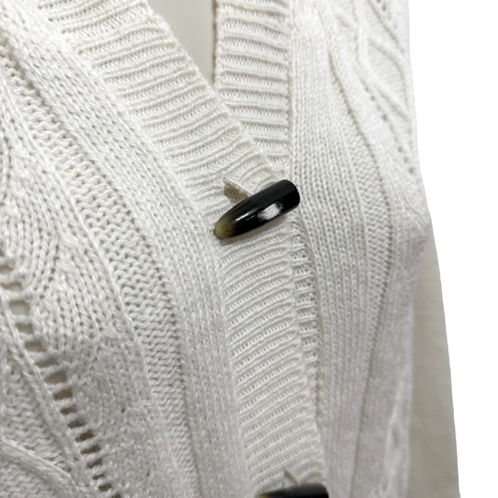 Columbia Ivory Wool Blend Long Sleeve Hooded Button Up Cable Knit Cardigan Large